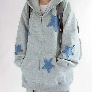 Star Patch Aesthetic Zip Up Hoodie - Trendy Cropped Design with Butterfly & Spider Prints