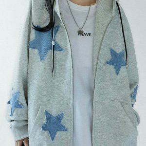 Star Patch Aesthetic Zip Up Hoodie - Trendy Cropped Design with Butterfly & Spider Prints