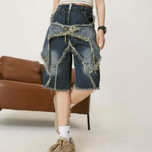 Star Patch High-Waisted Denim Shorts with Rhinestone Fringe - Trendy Y2K Fashion Essential