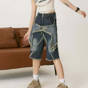 Star Patch High-Waisted Denim Shorts with Rhinestone Fringe - Trendy Y2K Fashion Essential