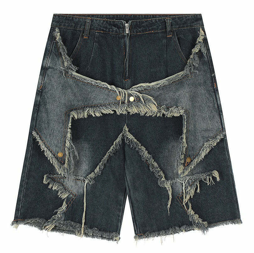 Star Patch High-Waisted Denim Shorts with Rhinestone Fringe - Trendy Y2K Fashion Essential