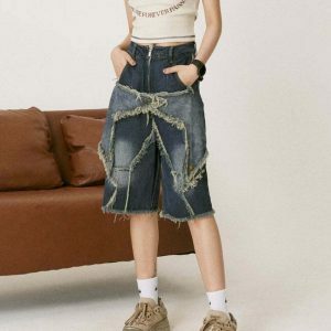 Star Patch High-Waisted Denim Shorts with Rhinestone Fringe - Trendy Y2K Fashion Essential