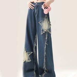 Star Patch Wide Leg Jeans - Trendy Y2K Style with Unique Patches and Comfortable Fit