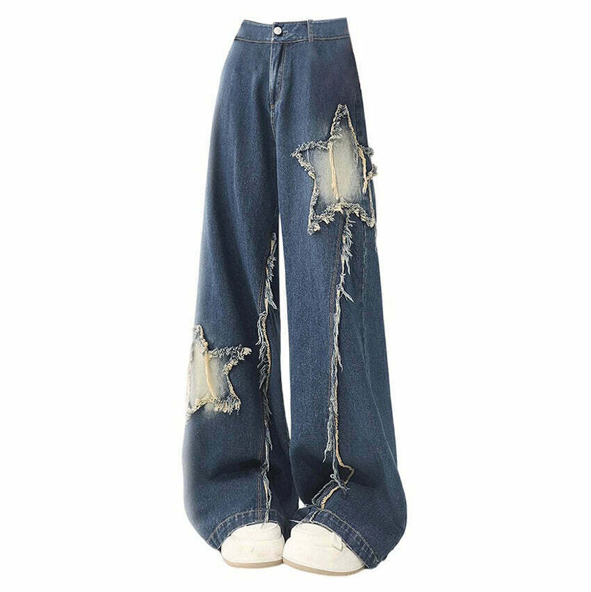 Star Patch Wide Leg Jeans - Trendy Y2K Style with Unique Patches and Comfortable Fit