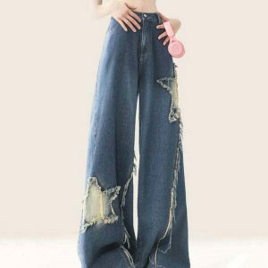 Star Patch Wide Leg Jeans - Trendy Y2K Style with Unique Patches and Comfortable Fit