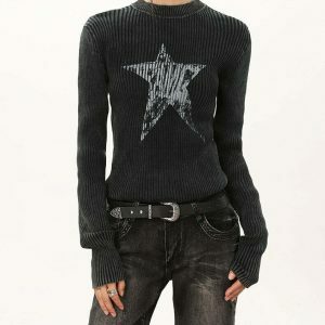 Star Print Ribbed Long Sleeve Top - Trendy Y2K Aesthetic with Cozy Comfort and Style