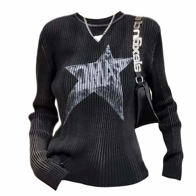 Star Print Ribbed Long Sleeve Top - Trendy Y2K Aesthetic with Cozy Comfort and Style