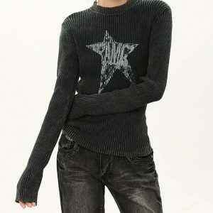 Star Print Ribbed Long Sleeve Top - Trendy Y2K Aesthetic with Cozy Comfort and Style