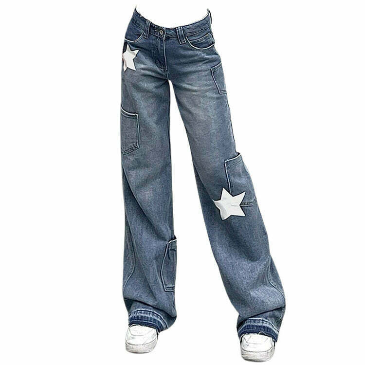 Star Print Y2K Style Jeans for Trendy Looks - Buckle Details & Comfortable Fit