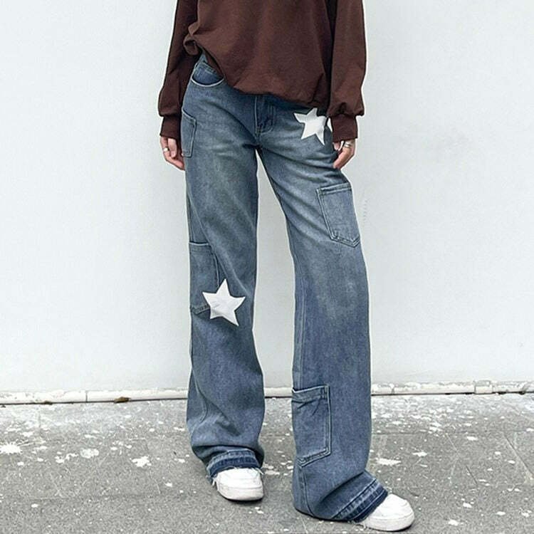 Star Print Y2K Style Jeans for Trendy Looks - Buckle Details & Comfortable Fit