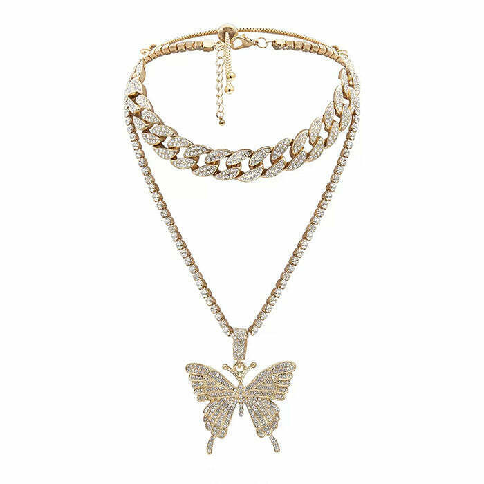 Stunning Butterfly Rhinestone Layered Necklace - Y2K Aesthetic Bow Choker Style