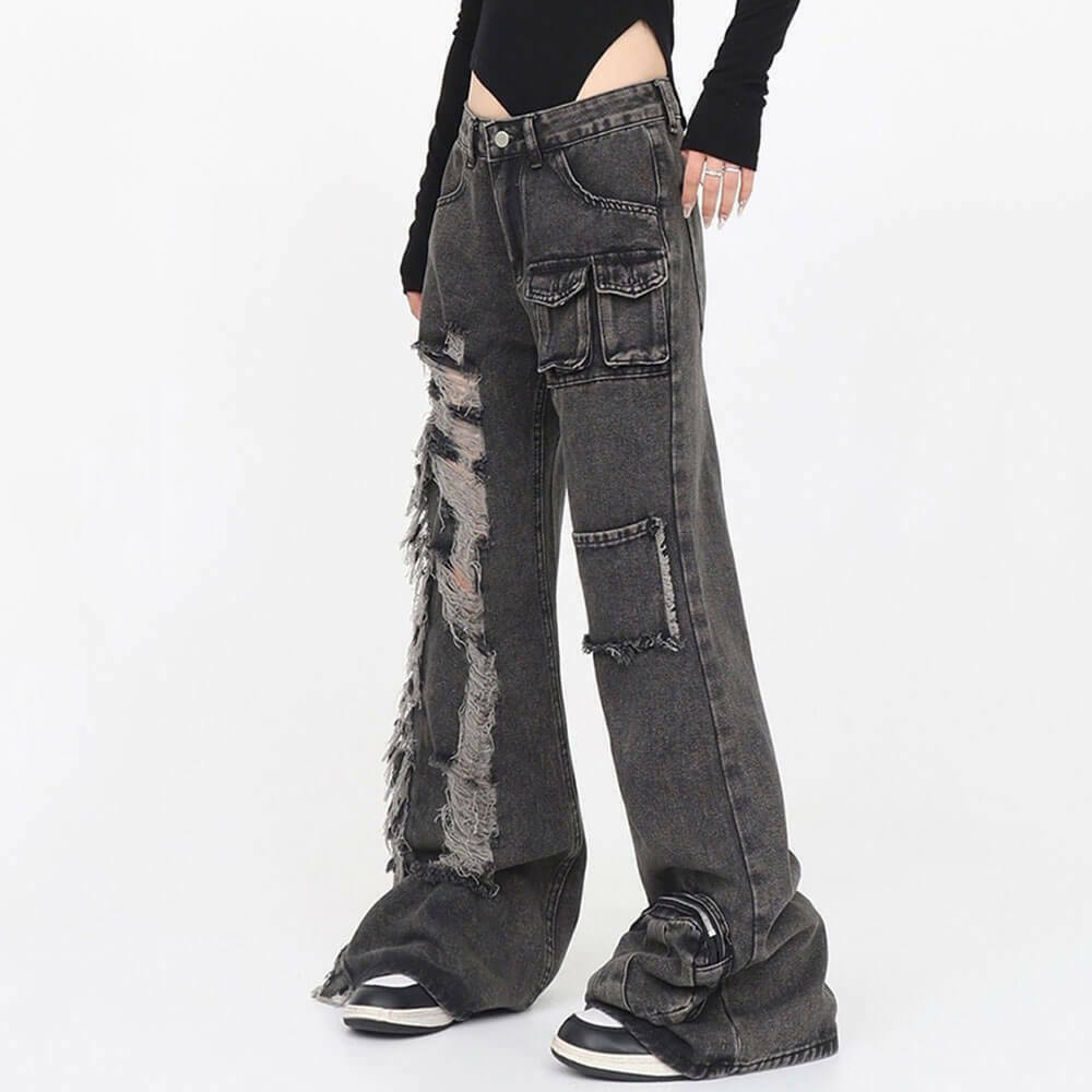 Stylish Black Grunge Ripped Jeans for Trendy Streetwear - Y2K Low Rise Baggy Fit