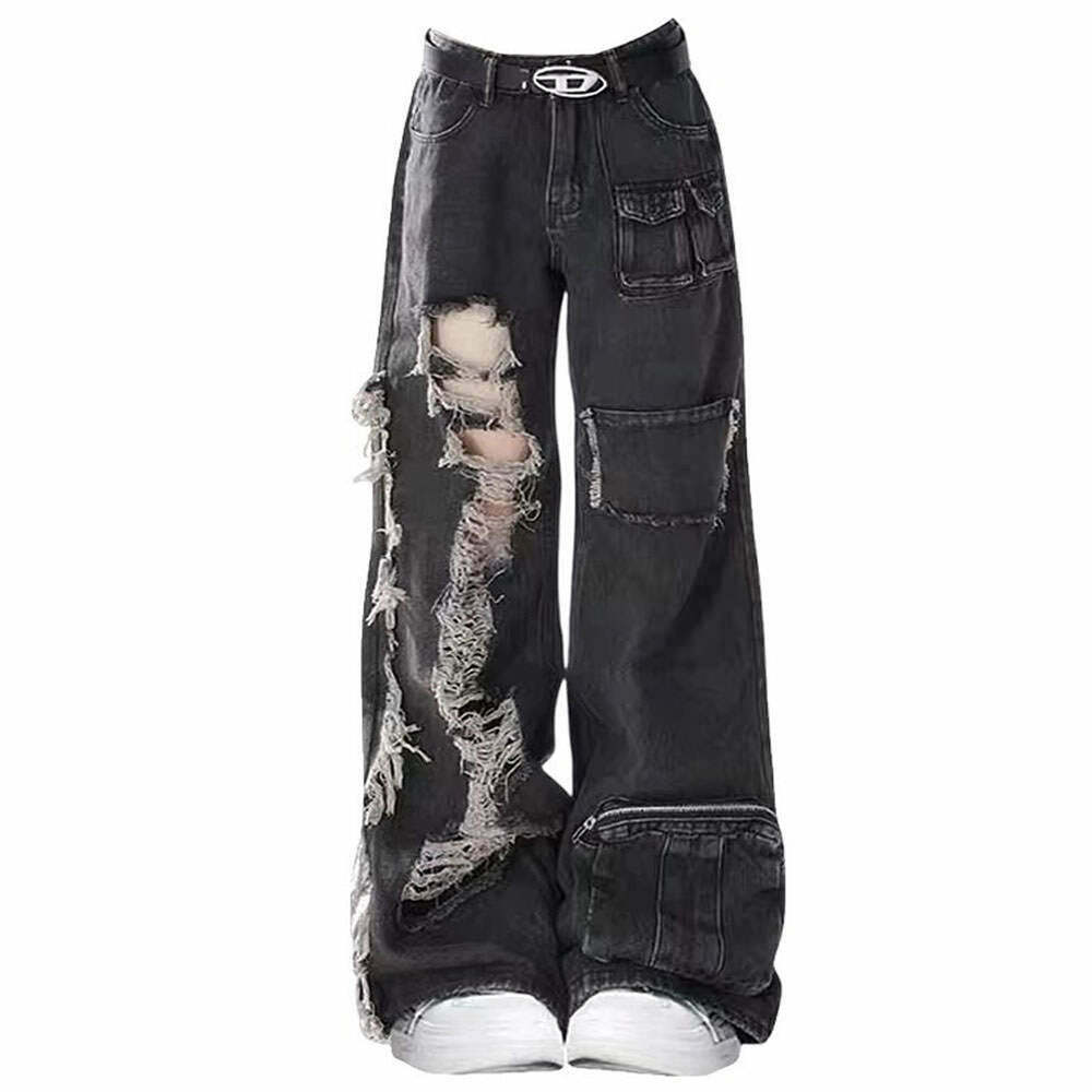 Stylish Black Grunge Ripped Jeans for Trendy Streetwear - Y2K Low Rise Baggy Fit