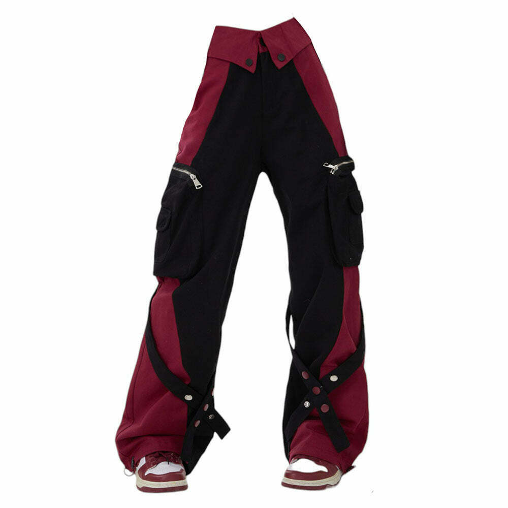 Stylish Black & Red Grunge Cargo Pants with Rivets for Trendy Y2K Fashion Lovers