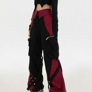 Stylish Black & Red Grunge Cargo Pants with Rivets for Trendy Y2K Fashion Lovers