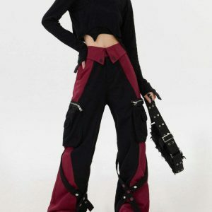 Stylish Black & Red Grunge Cargo Pants with Rivets for Trendy Y2K Fashion Lovers