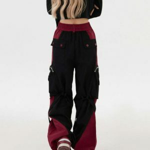 Stylish Black & Red Grunge Cargo Pants with Rivets for Trendy Y2K Fashion Lovers