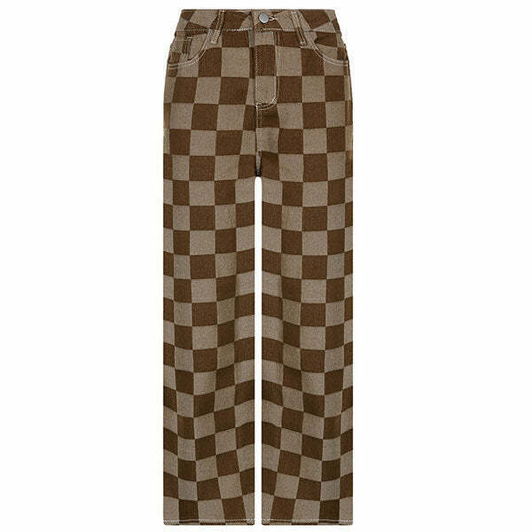 Stylish Brown Checkered Jeans for Men - Y2K Low Rise Baggy Design with Ripped Details