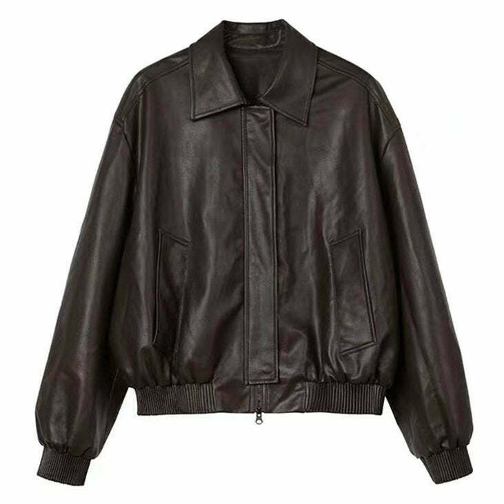 Stylish Grunge Sleaze Leather Bomber Jacket - Y2K Streetwear with Bold Color Block Design