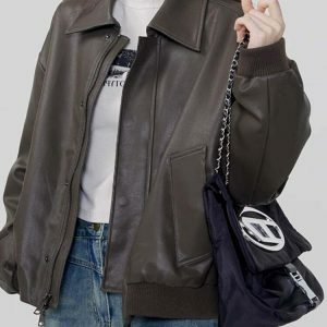 Stylish Grunge Sleaze Leather Bomber Jacket - Y2K Streetwear with Bold Color Block Design