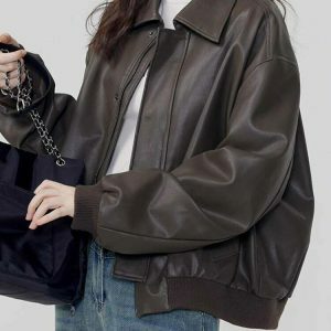 Stylish Grunge Sleaze Leather Bomber Jacket - Y2K Streetwear with Bold Color Block Design