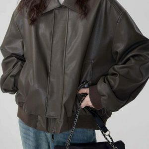 Stylish Grunge Sleaze Leather Bomber Jacket - Y2K Streetwear with Bold Color Block Design