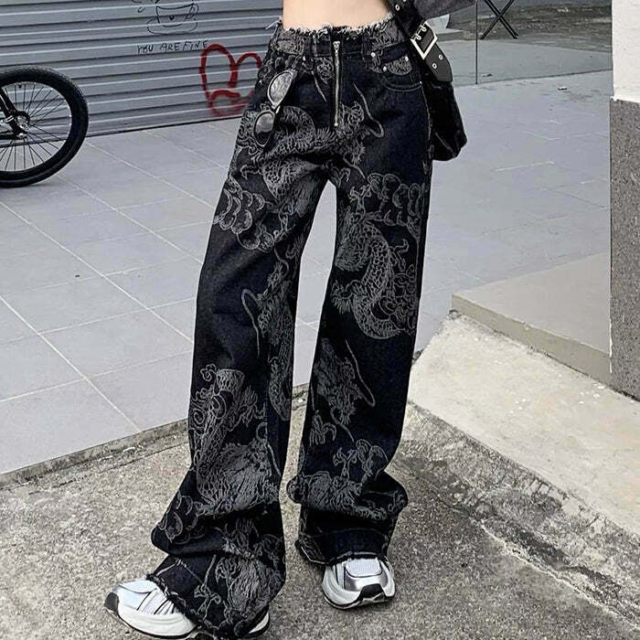 Stylish Japanese Dragon Aesthetic Jeans with Ripped Details for Trendy Y2K Fashion