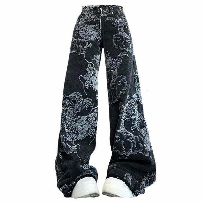 Stylish Japanese Dragon Aesthetic Jeans with Ripped Details for Trendy Y2K Fashion