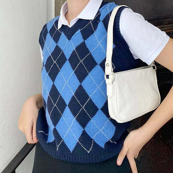 Stylish Navy Blue Argyle Vest for Trendy Y2K Fashion Lovers - Perfect Layering Piece