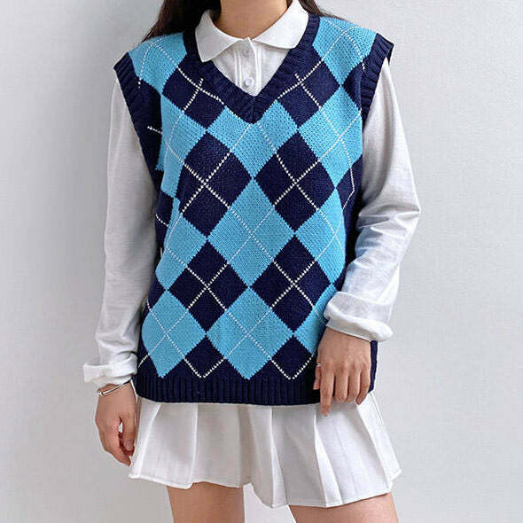 Stylish Navy Blue Argyle Vest for Trendy Y2K Fashion Lovers - Perfect Layering Piece