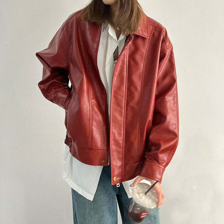 Stylish Red Grunge Leather Jacket for Trendy Y2K Streetwear Enthusiasts