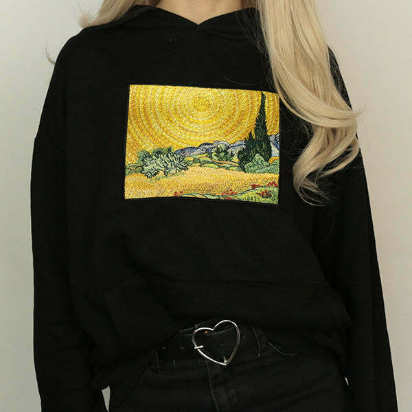 Stylish Wheat Field with Cypresses Cropped Zip-Up Hoodie - Aesthetic Y2K Fashion