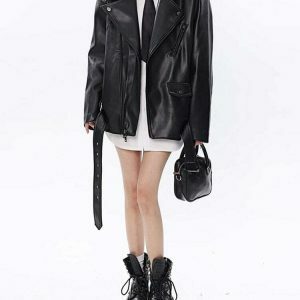 Stylish Y2K Grunge Leather Jacket - Trendy Baggy Streetwear with Color Block Design