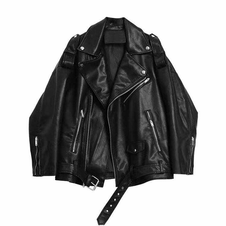 Stylish Y2K Grunge Leather Jacket - Trendy Baggy Streetwear with Color Block Design