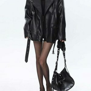 Stylish Y2K Grunge Leather Jacket - Trendy Baggy Streetwear with Color Block Design