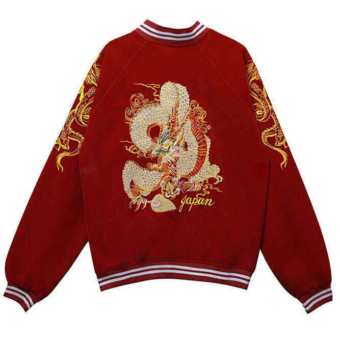 Stylish Y2K Japanese Dragon Bomber Jacket - Trendy Color Block Design & Baggy Fit