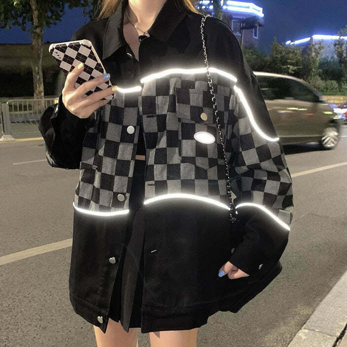 Stylish Y2K Reflective Checker Jacket - Trendy Color Block Design for Bold Fashion Statements