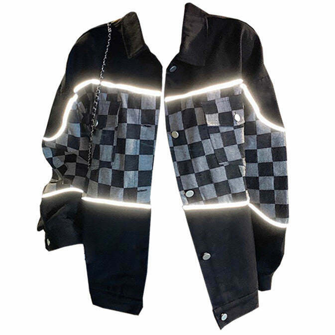 Stylish Y2K Reflective Checker Jacket - Trendy Color Block Design for Bold Fashion Statements