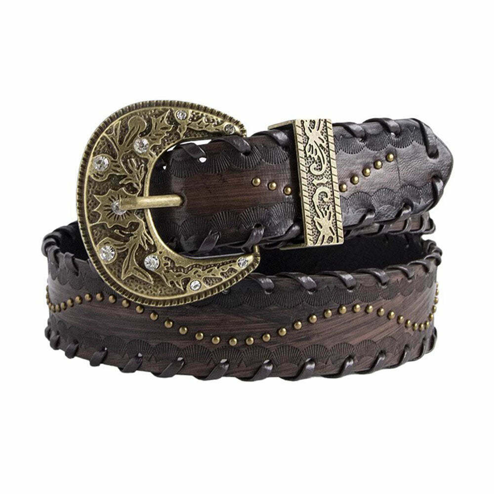 Stylish Y2K Western Aesthetic Buckle Belt with Rivets for Trendy Leather Skirts