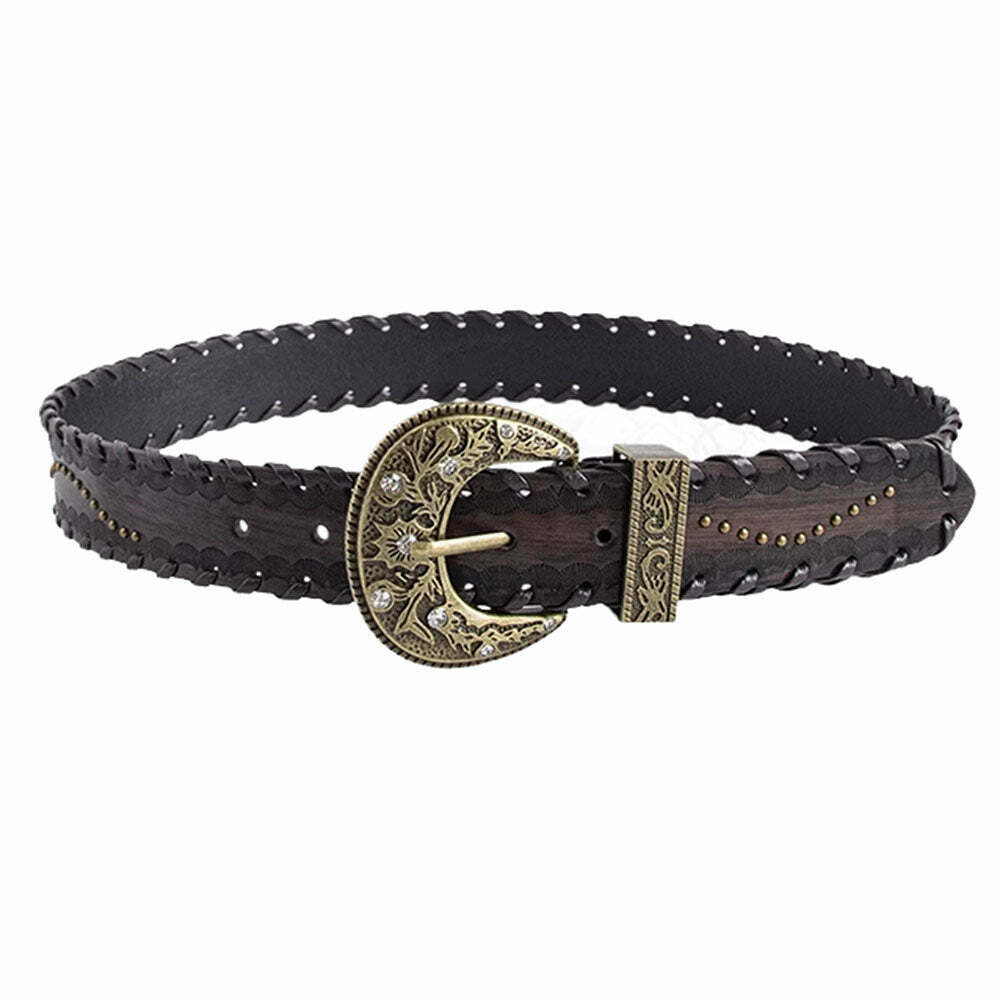 Stylish Y2K Western Aesthetic Buckle Belt with Rivets for Trendy Leather Skirts