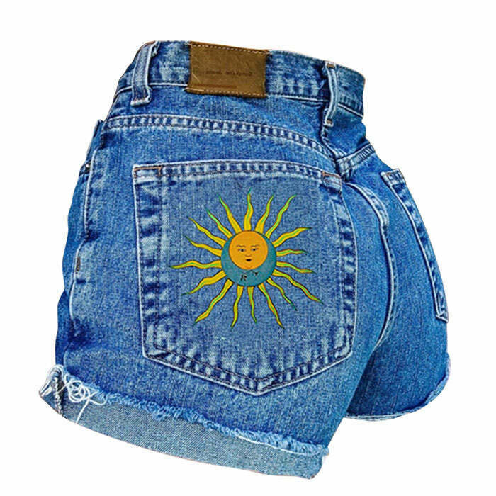 Sun and Moon Embroidered Denim Shorts - Vintage Patchwork Style for Y2K Fashion Lovers