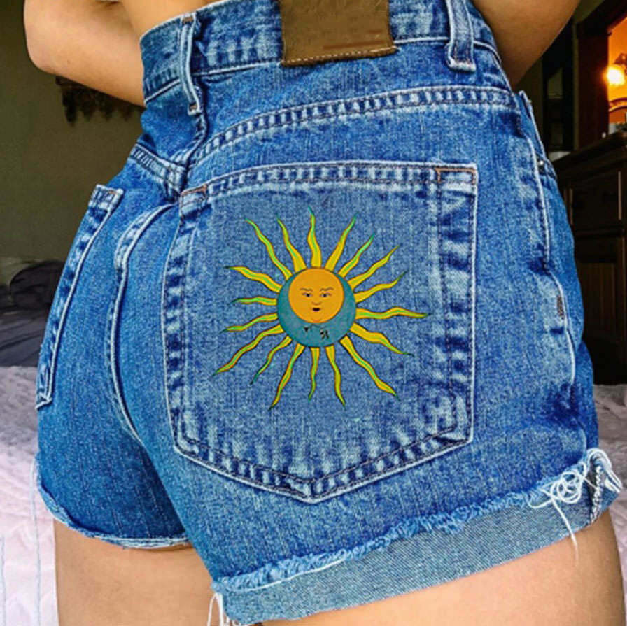 Sun and Moon Embroidered Denim Shorts - Vintage Patchwork Style for Y2K Fashion Lovers