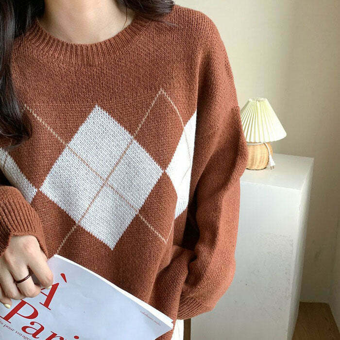 Too Well Brown Argyle Sweater - Trendy Y2K Aesthetic with Cozy Comfort and Unique Style