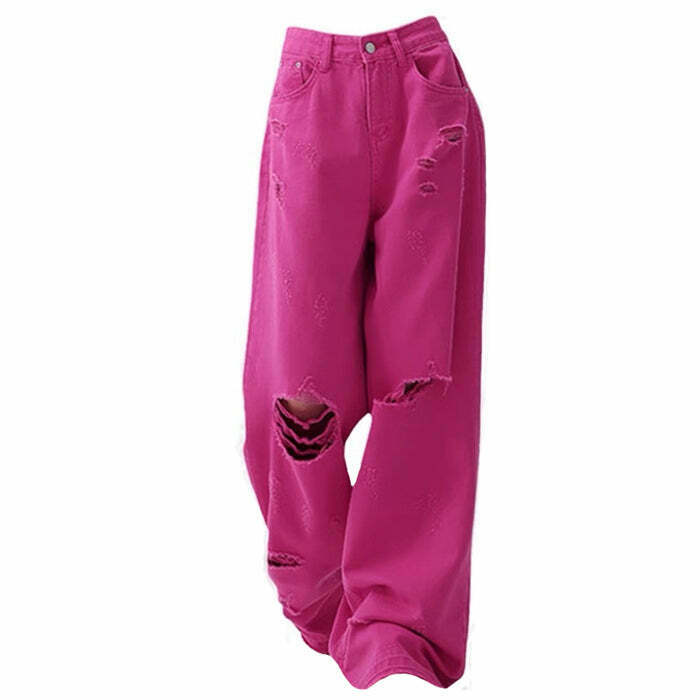 Trendy 00s Kids Pink Star Ripped Baggy Jeans - Stylish Low Rise Y2K Fashion Statement