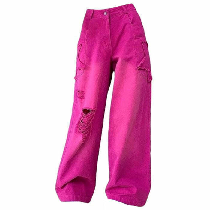 Trendy 00s Kids Pink Star Ripped Baggy Jeans - Stylish Low Rise Y2K Fashion Statement