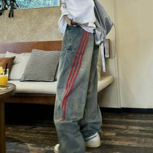 Trendy 90s Style Wide Red Stripe Jeans for Skater Boy Looks and Casual Outfits