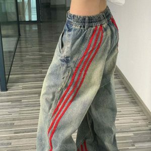 Trendy 90s Style Wide Red Stripe Jeans for Skater Boy Looks and Casual Outfits