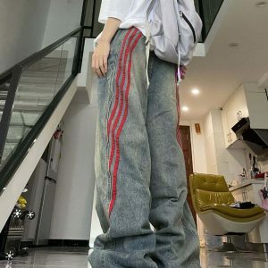 Trendy 90s Style Wide Red Stripe Jeans for Skater Boy Looks and Casual Outfits