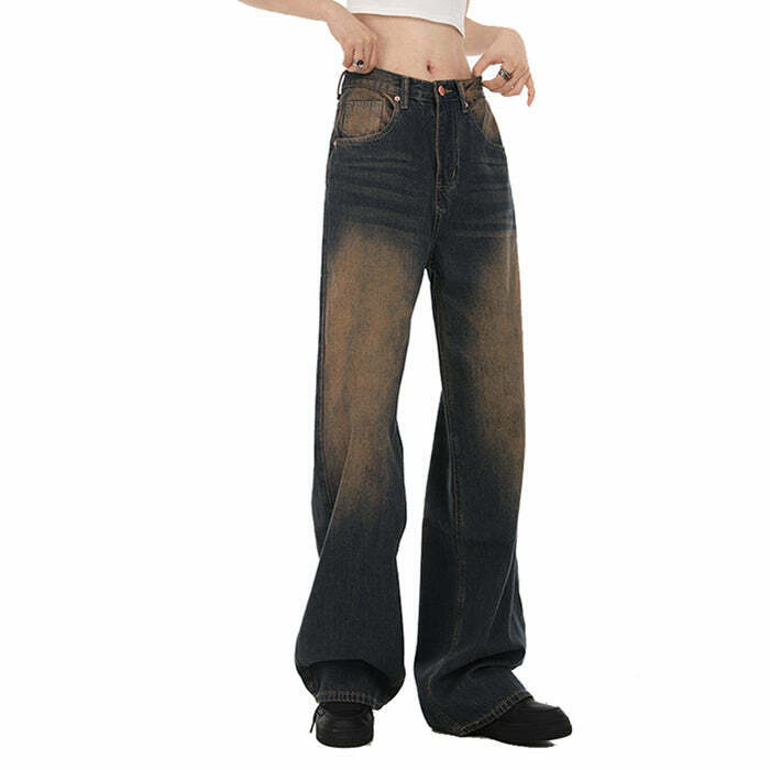 Trendy 90's Washed Brown Baggy Jeans with Star Patch and Ripped Details for Y2K Style