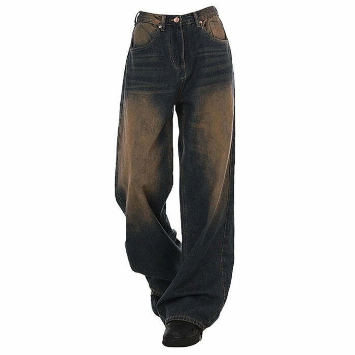 Trendy 90's Washed Brown Baggy Jeans with Star Patch and Ripped Details for Y2K Style